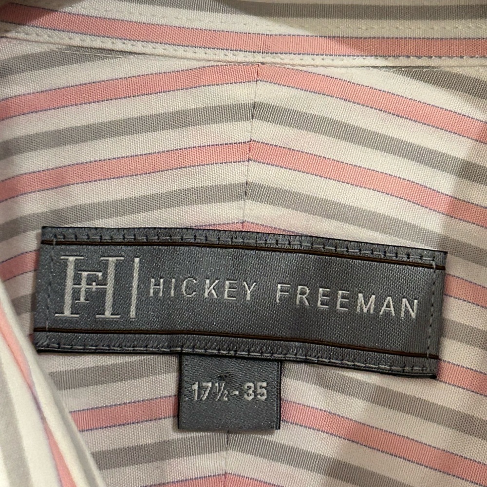 Hickey Freeman Striped Shirt White Pink Gray Size 17.5 Neck